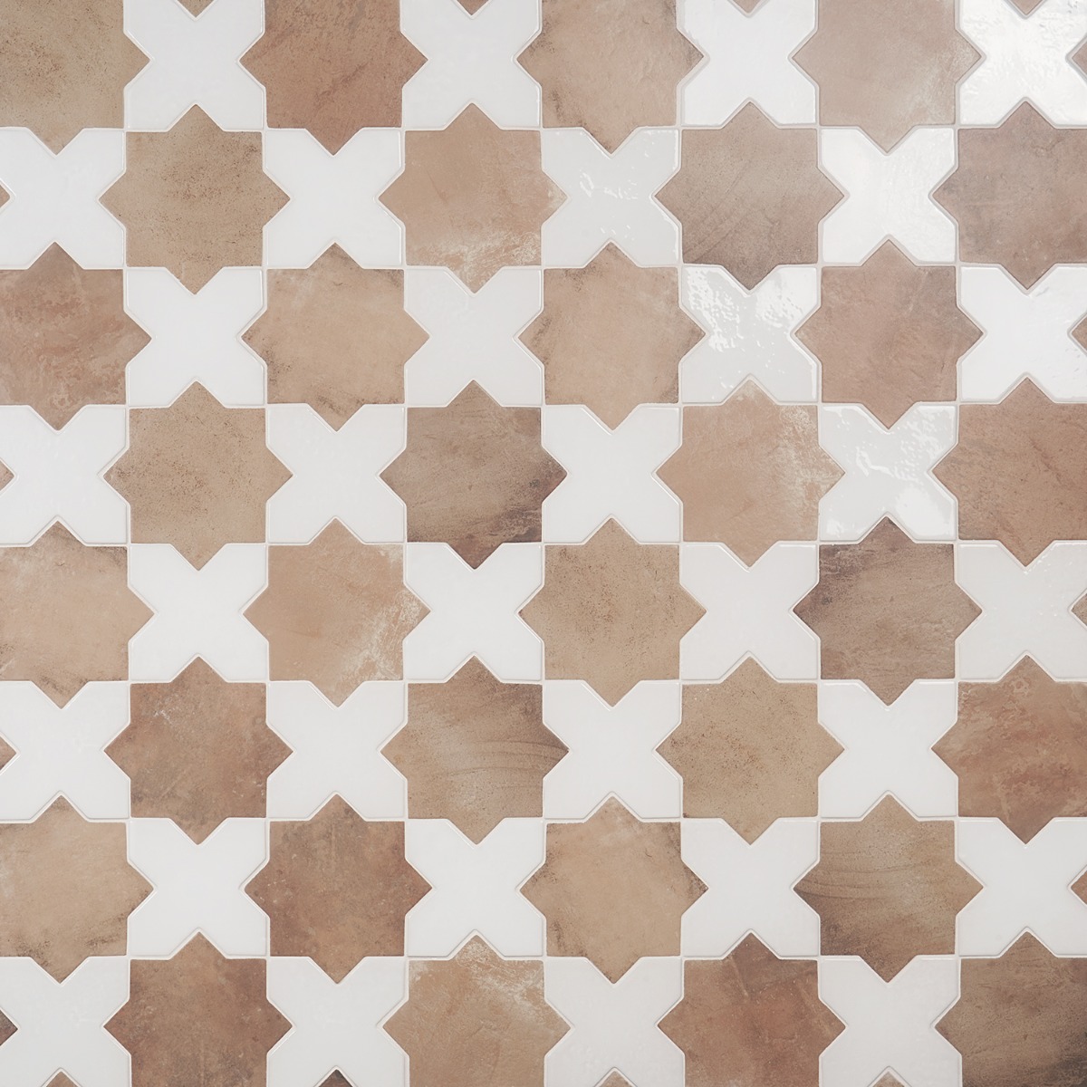 Malta Cotto Brown Matte Star and White Polished Cross 6" Terracotta Look Porcelain Tile