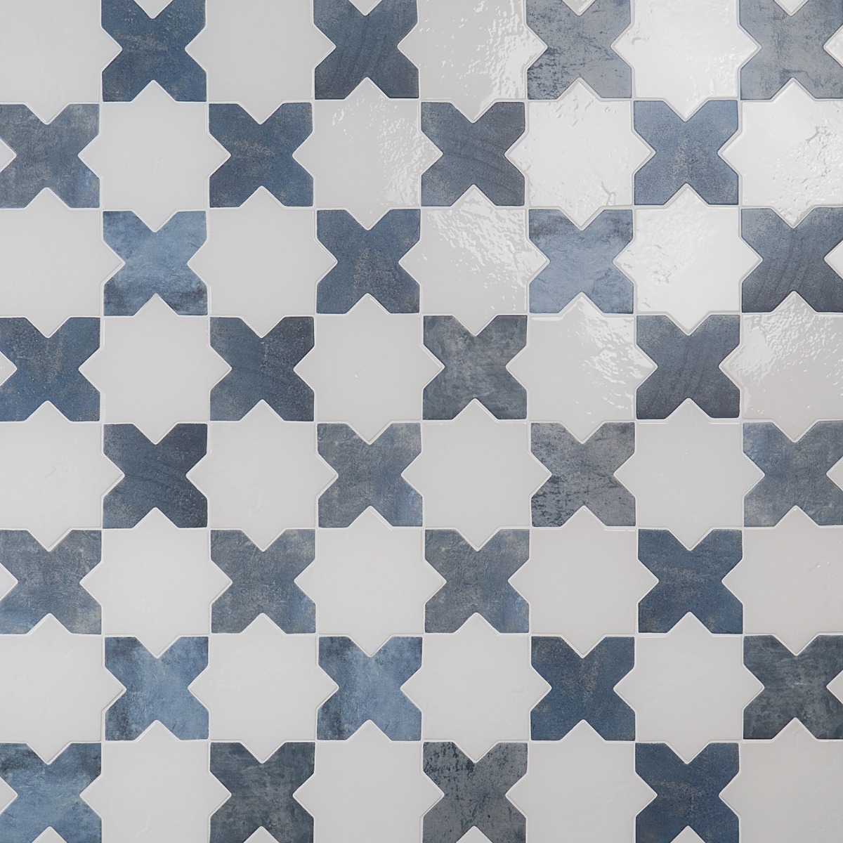 Malta White Polished Star and Denim Blue Matte Cross 6" Terracotta Look Porcelain Tile