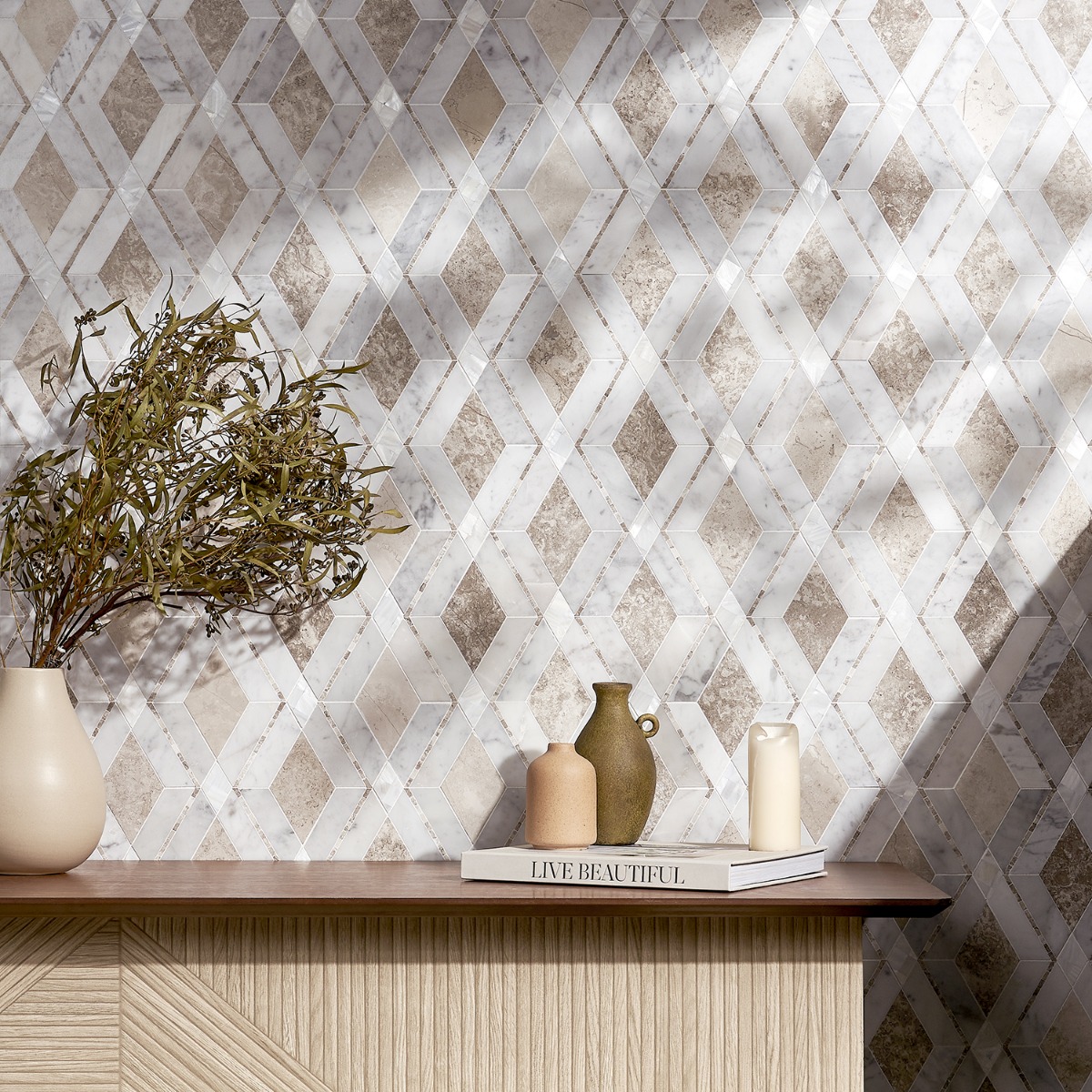 Elaine Champagne Beige Polished Marble and Pearl Mosaic Tile