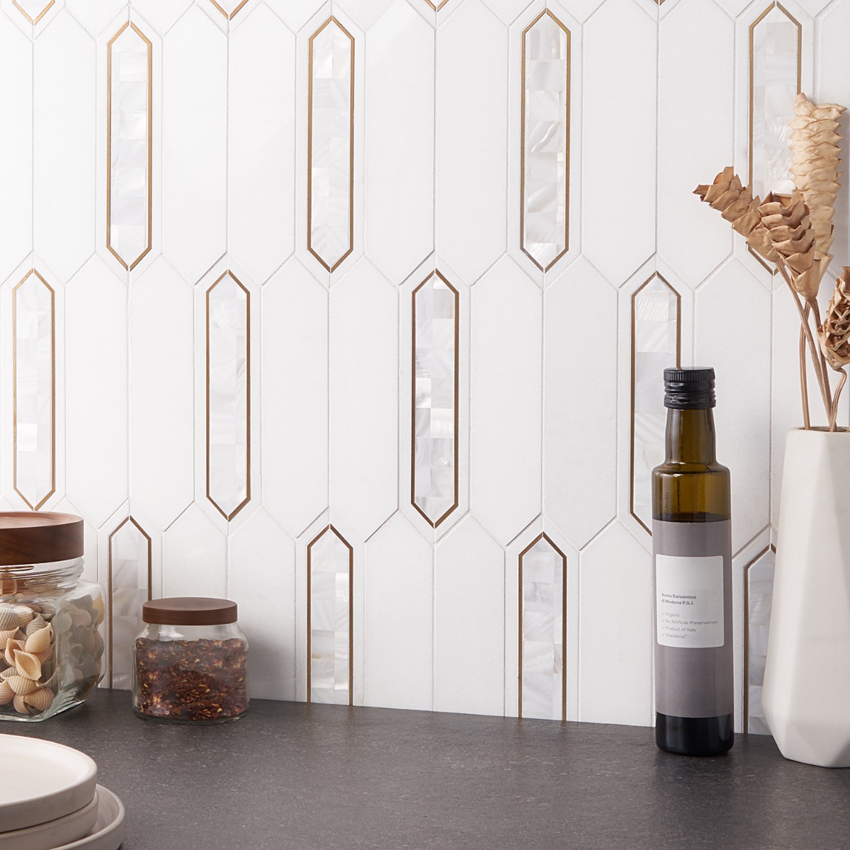 Madelyn White Pearl - White Thassos, White Pearl & Brass 