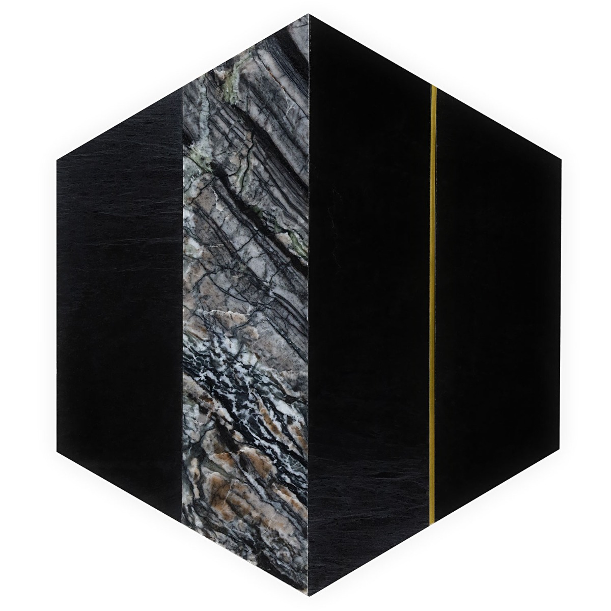 Audrey Black and Gold 9" Hexagon Polished Nero Marquina Marble and Brass Mosaic Tile