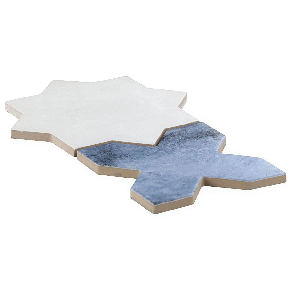 Malta White Matte Star and Denim Blue Matte Cross 6" Terracotta Look Porcelain Tile
