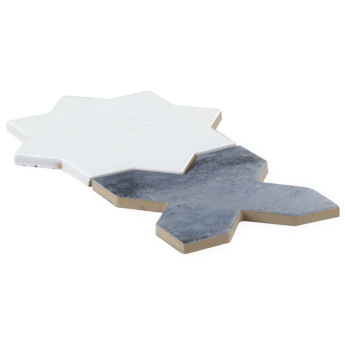 Malta White Polished Star and Denim Blue Matte Cross 6" Terracotta Look Porcelain Tile