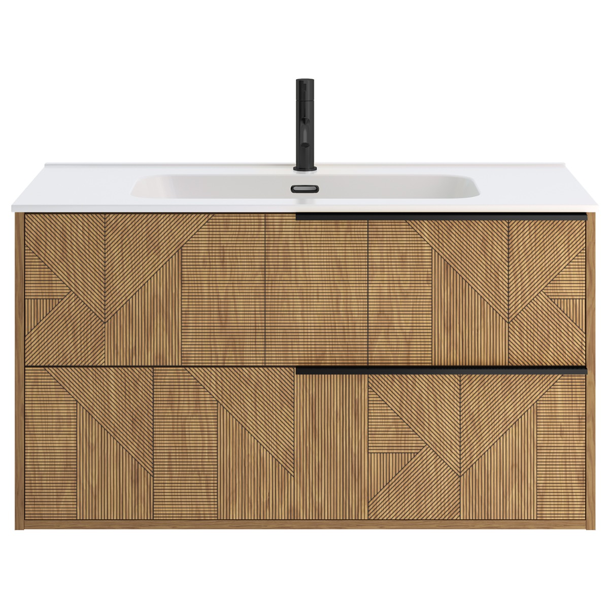 Kora Geo Faux Fluted 40" Single Vanity with Integrated White Ceramic Top & Black Handles 