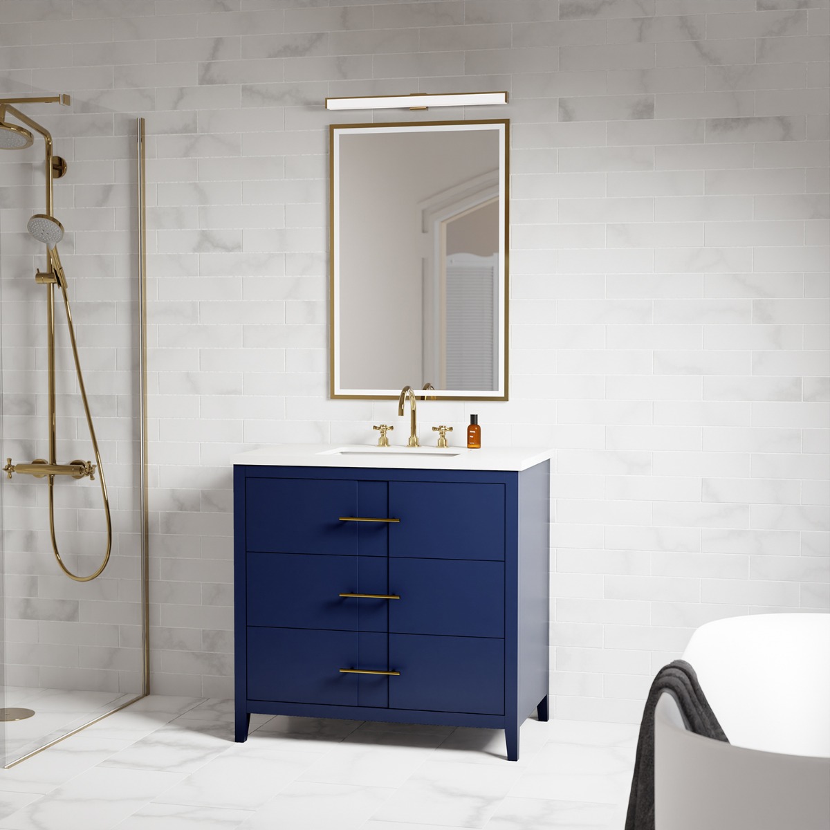 Iconic Navy and Gold 36" Single Vanity with Pure White Quartz Top