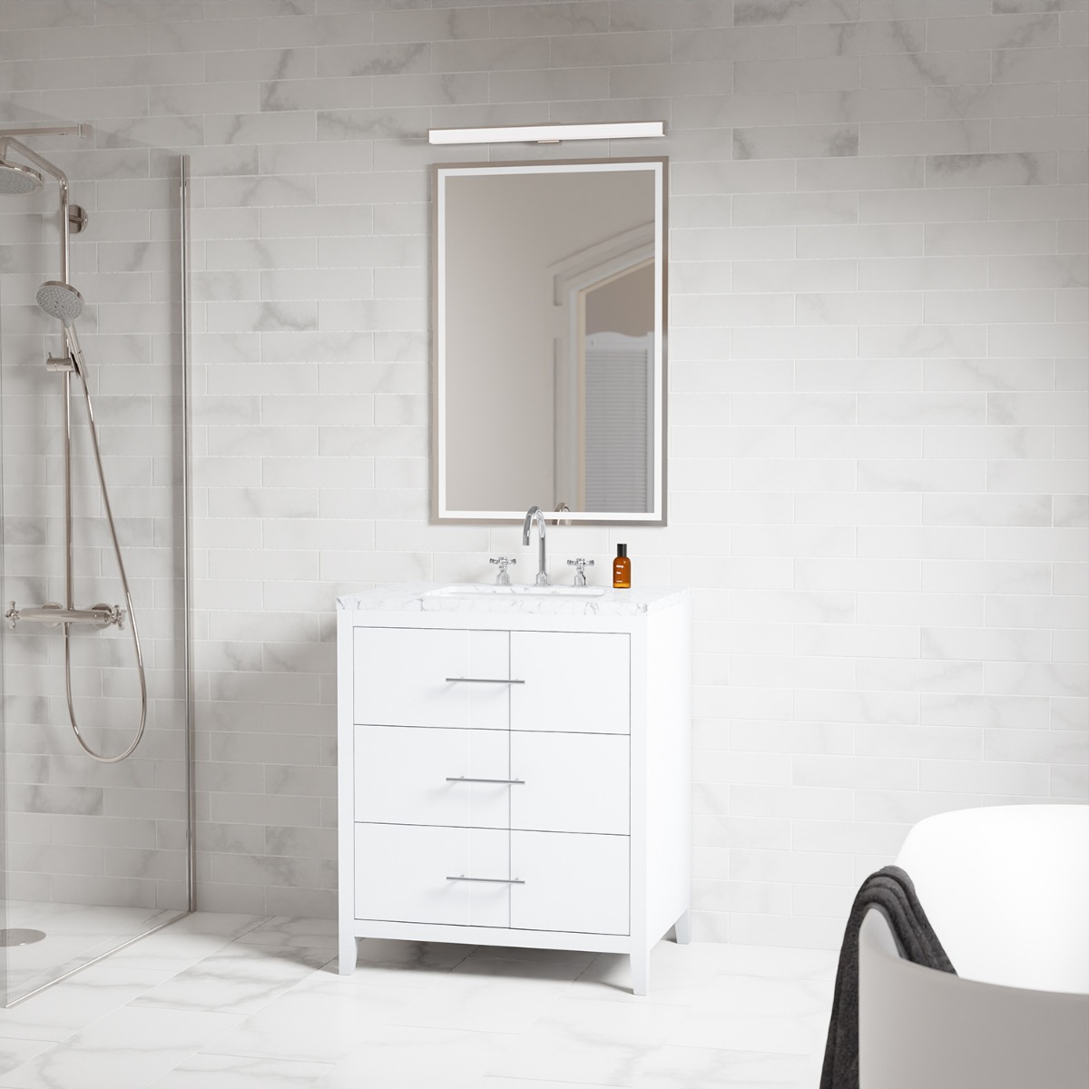 Iconic White and Silver 30" Single Vanity with Carrara Marble Top