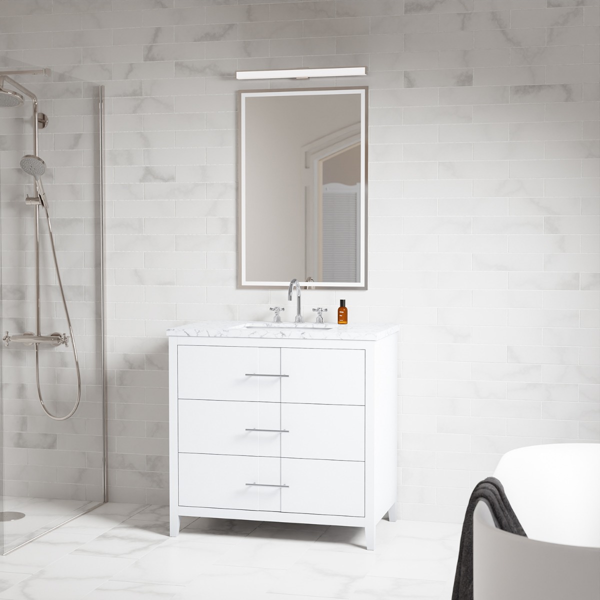Iconic White and Silver 36" Single Vanity with Carrara Marble Top