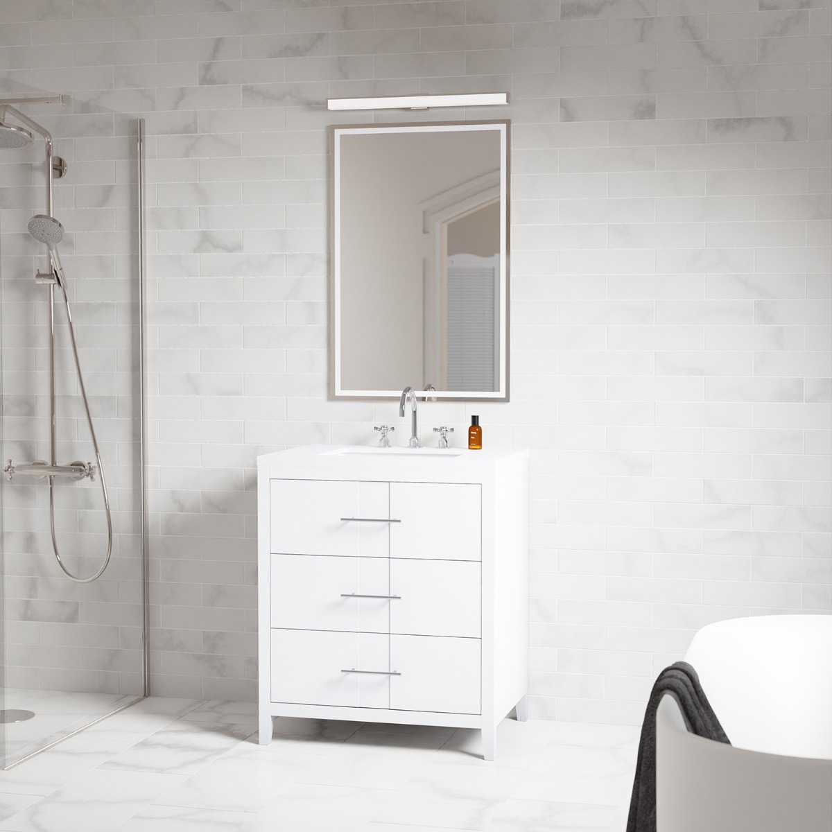 Iconic White and Silver 30" Single Vanity with Pure White Quartz Top