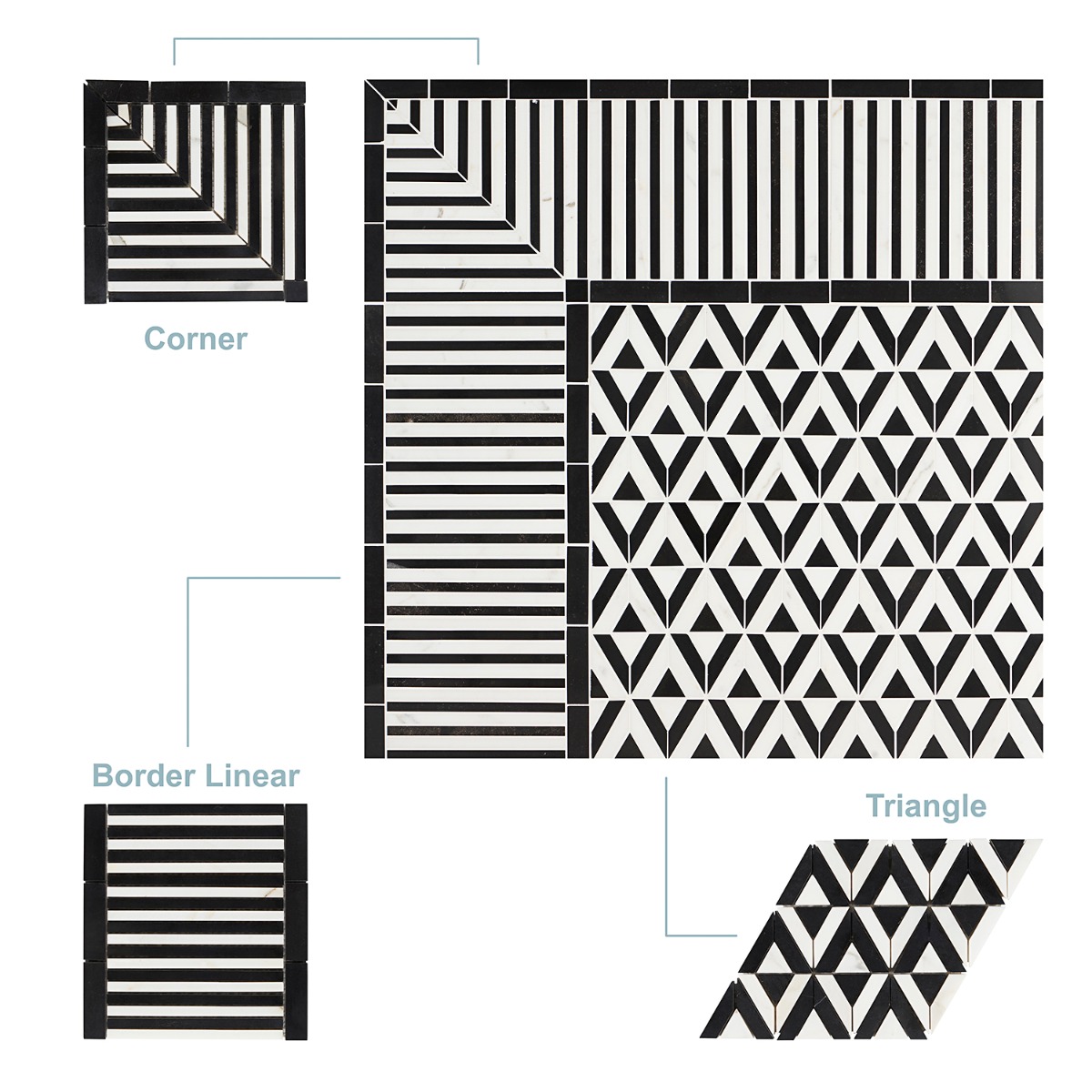 Avant Garde Linear Corner Piece Calacatta and Black Jade Polished Marble