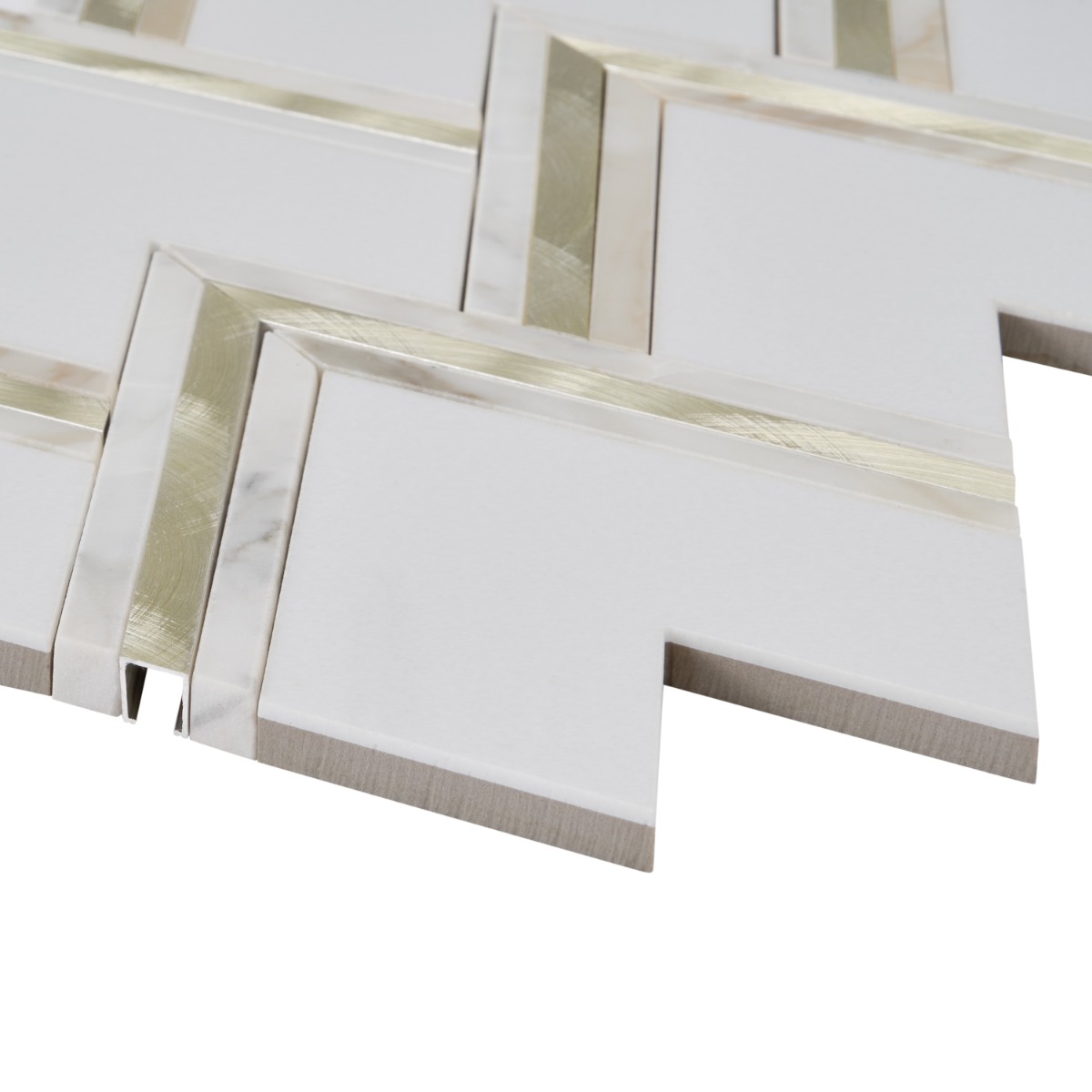 Vanessa DeLeon White and Gold 6" Polished Marble & Brass Mosaic Tile by Vanessa Deleon