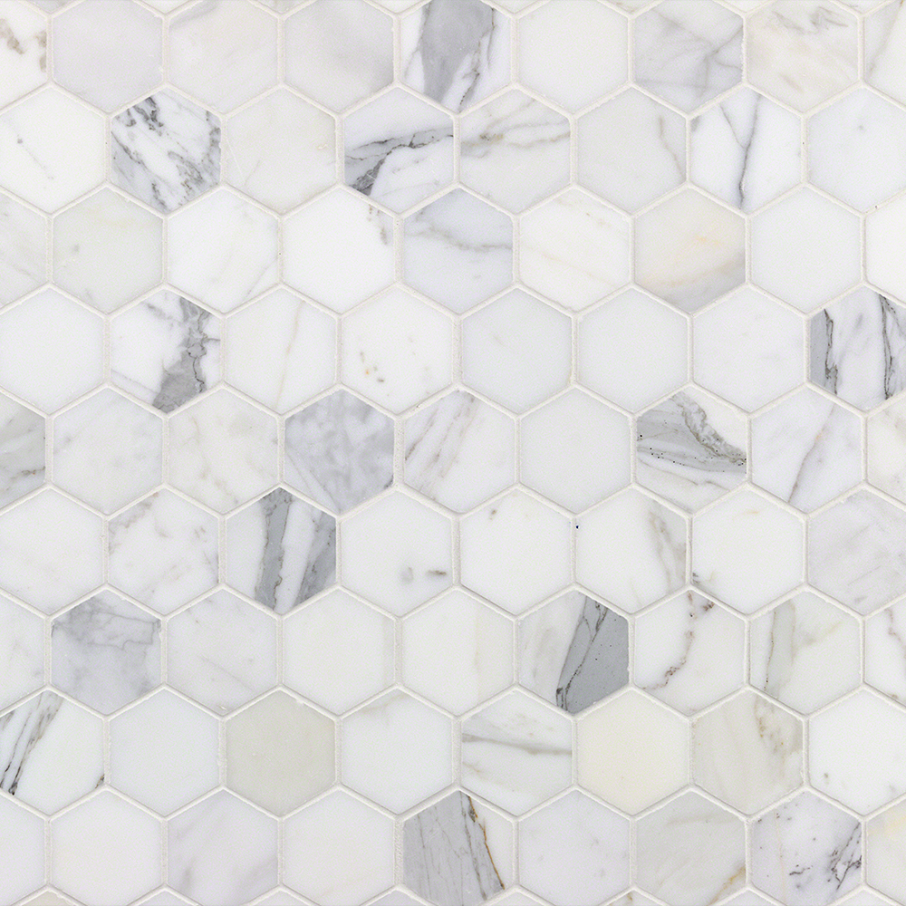 Calacatta 2" Hexagon Polished Marble Mosaic Tile