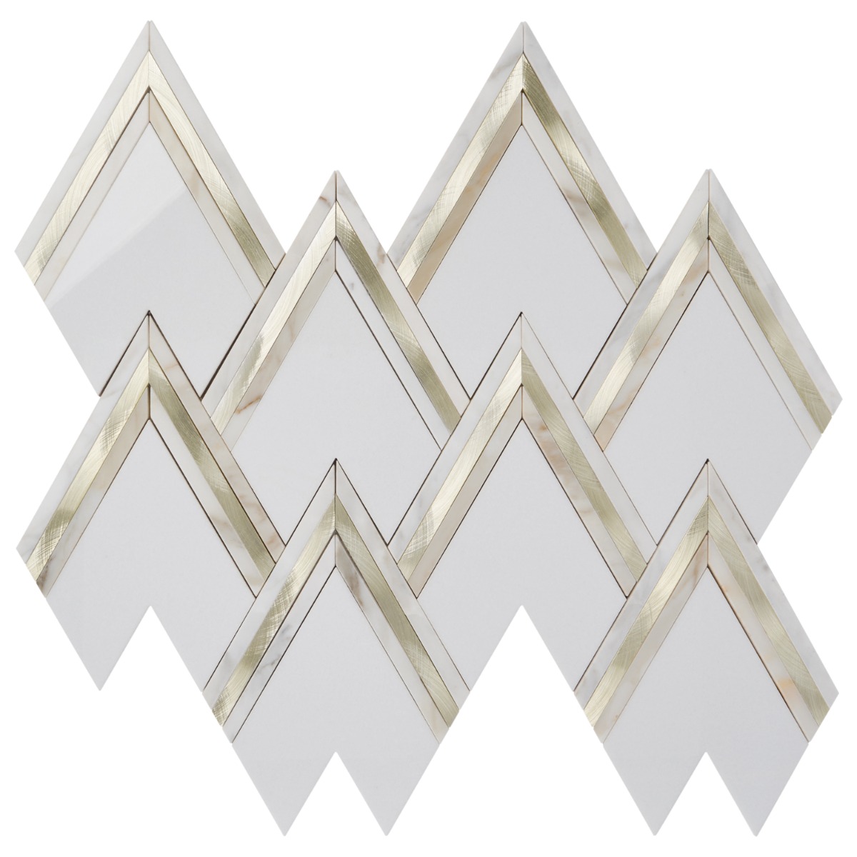 Vanessa DeLeon White and Gold 6" Polished Marble & Brass Mosaic Tile by Vanessa Deleon