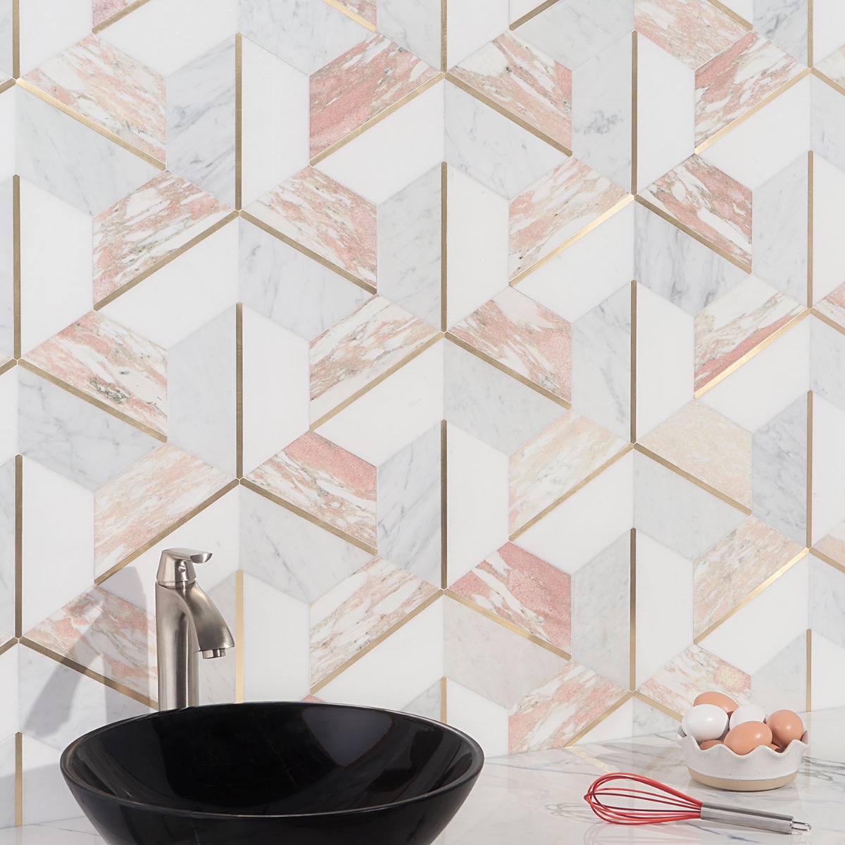 Carraway Rosa Polished Marble and Brass Mosaic Tile