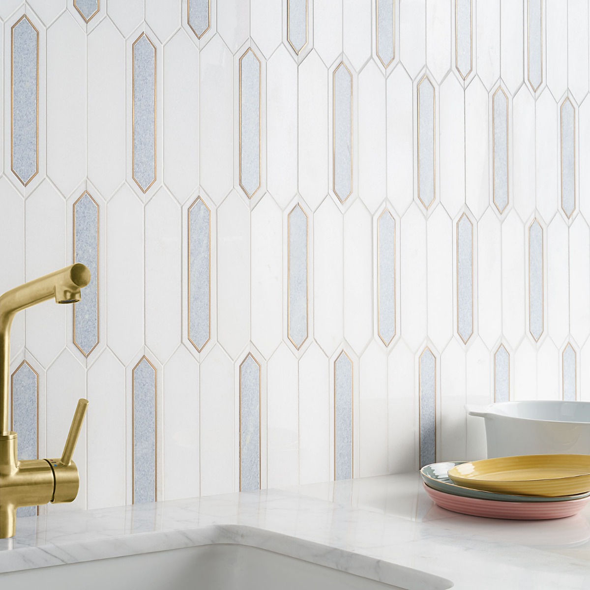 Madelyn Blue - Blue Celeste- White Thassos & Brass Polished Marble + Brass