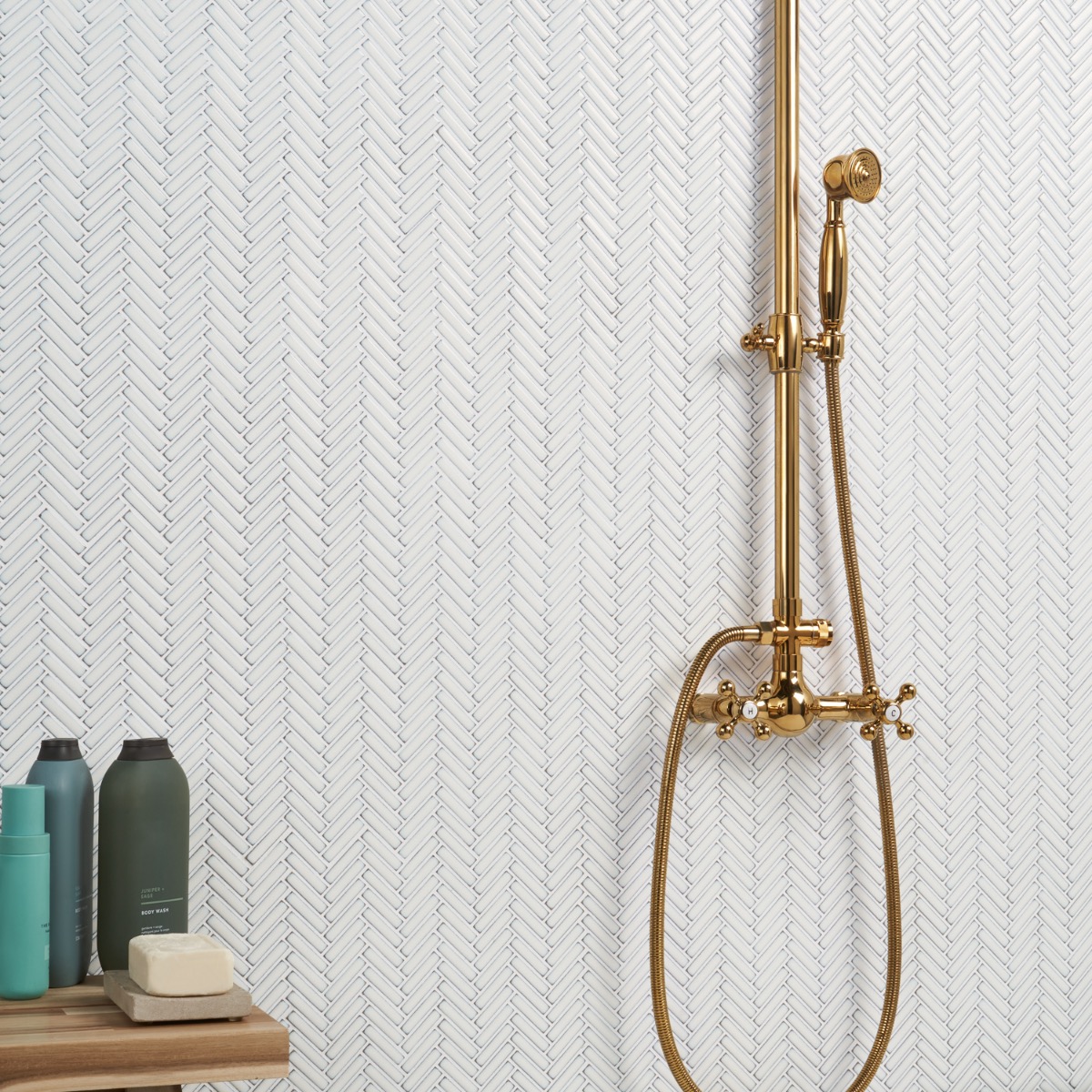 Motek Snow White 1x2" Herringbone Glossy Porcelain Mosaic Tile