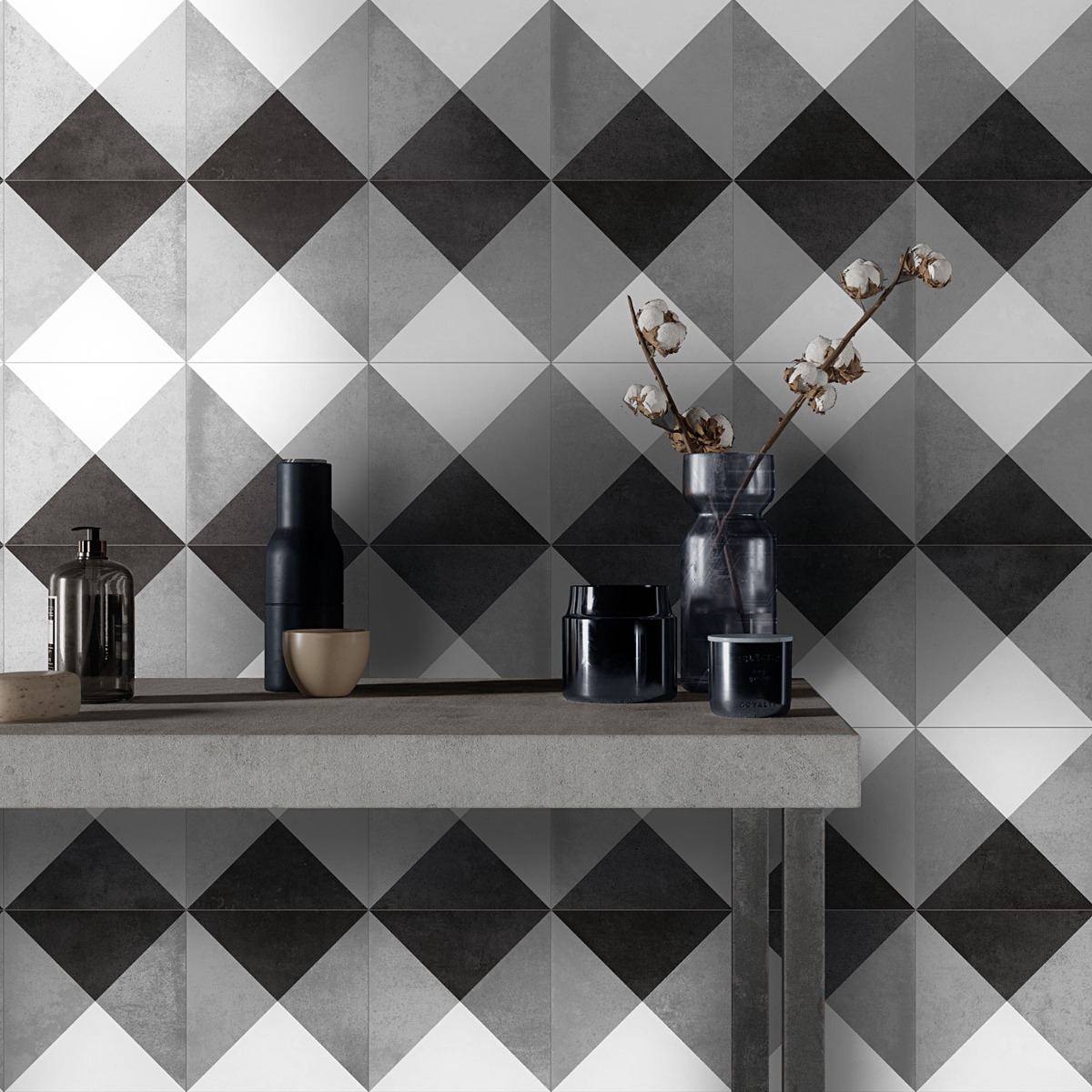 GeoPrism Cement Deco Gray 8x8 by Elizabeth Sutton Matte Porcelain