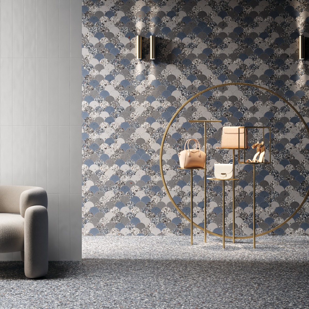 Kado Fishscale Cool Blue Mix 4" Terrazzo Look Matte Porcelain Mosaic Tile