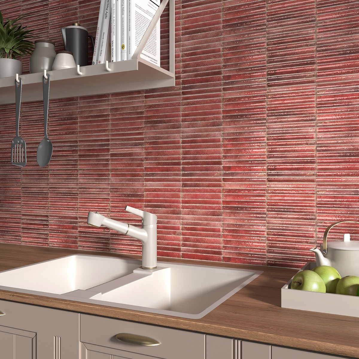 Bryn Fluted Red 6x12 3D Glossy Ceramic Tile