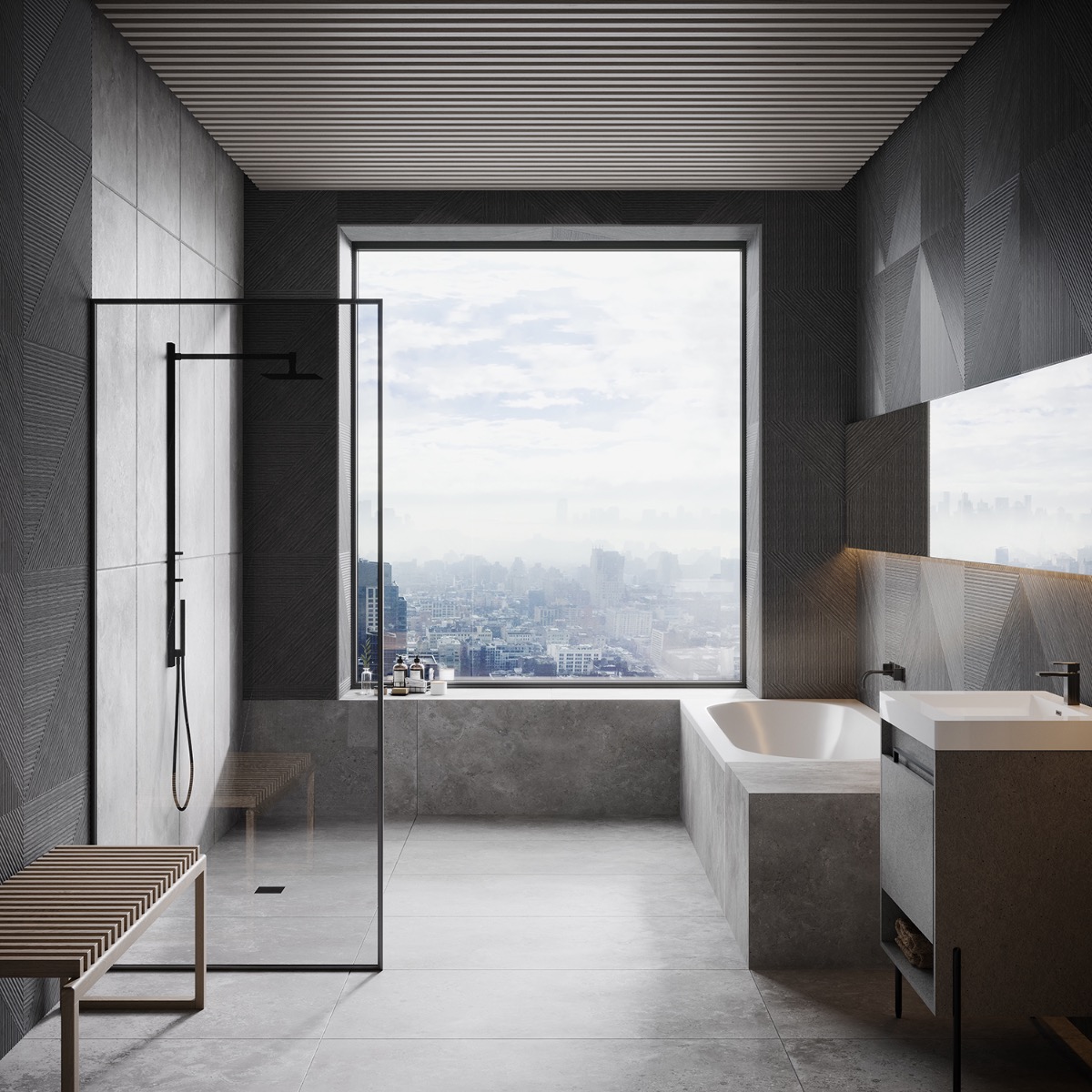 Lounge Charcoal Black 24x48 Ribbed Matte Fluted Porcelain Wood Look Tile
